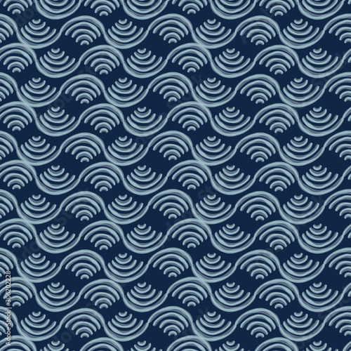 Shibori Background.Tie Dye Indigo Blue Wave Texture. Bleached Handmade Resist Seamless Pattern. Watercolor Water Sea River. Classic Japanese or Indonesian All Over Print. Vector Repeat Tile Eps 10