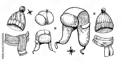 Set of winter hats and scarfs. Hand drawn illustration converted to vector