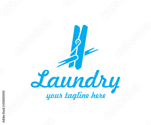 Clothespin for drying clothes logo design. Clothes peg and rope vector design. Laundry clip logotype