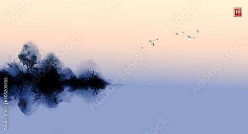 Misty island with forest trees and birds in sunrise sky. Traditional oriental ink painting sumi-e, u-sin, go-hua. Hieroglyph - zen