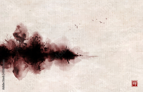Misty island with forest trees reflecting in water and birds in the sky. Traditional oriental ink painting sumi-e, u-sin, go-hua on vintage rice paper background. Hieroglyph - zen