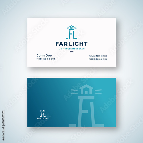 Far Light Abstract Vector Sign or Logo and Business Card Template. Searchlight Tower Symbol from A and L letters with Typography. Lighthouse Building Monogram. Premium Stationary Realistic Mock Up.