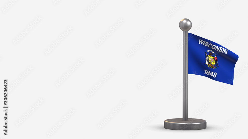 Wisconsin 3D waving flag illustration on tiny flagpole. Wisconsin 3D waving flag illustration on tiny flagpole.