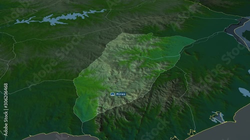 Lavalleja - department of Uruguay with its capital zoomed on the physical map of the globe. Animation 3D photo