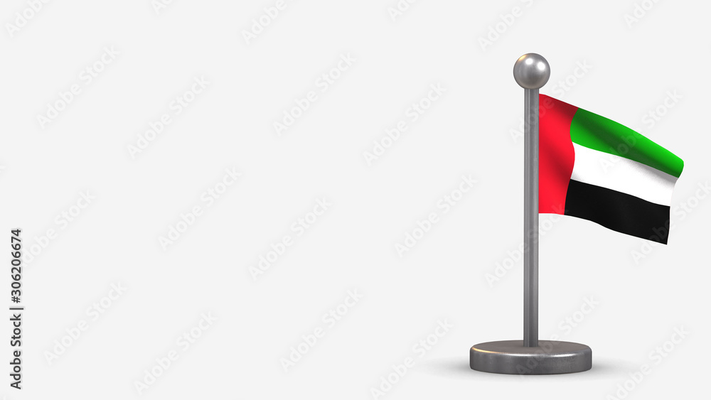 United Arab Emirates 3D waving flag illustration on tiny flagpole. United Arab Emirates 3D waving flag illustration on tiny flagpole.