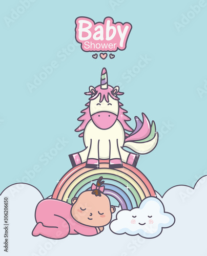 baby shower cute girl unicorn rainbow clouds © Stockgiu