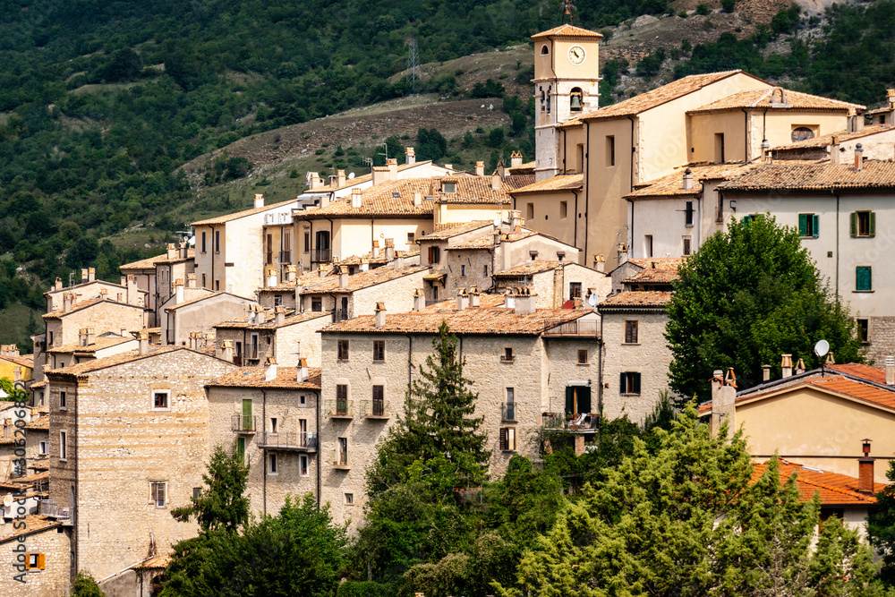Barrea, Italy: the Historical Typical Village Houses with Green Mountain Landscape