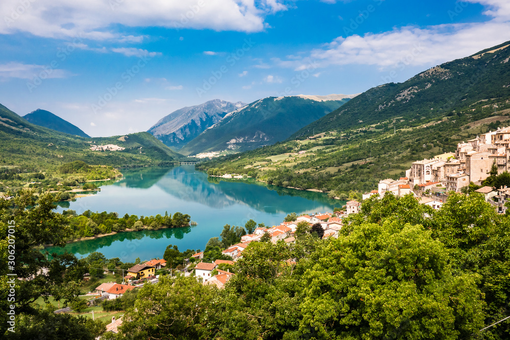 Barrea, Italy: the Historical Typical Village seen from Top, with Mountains and Lake Landscape Panorama