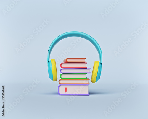 Audiobook concept. Stack of books with Headphones isolated on pastel blue background. minimal style. 3d rendering