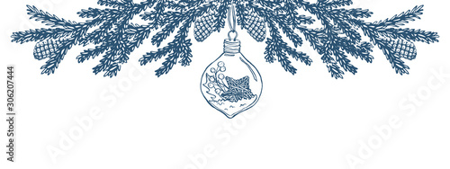 Vector hand drawn top element with Christmas tree branches and bulb hangings. Sketched isolated x-mas garland on white background.