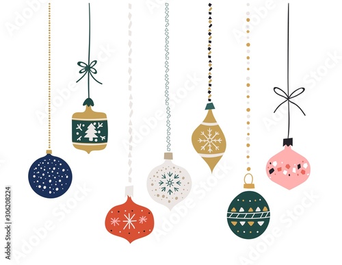 Set of hand drawn christmas baubles. Decoration isolated elements. Doodles and sketches vector illustration. Balls are hanging.
