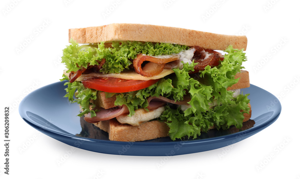 Yummy sandwich with bacon and chicken isolated on white Yummy sandwich with bacon and chicken isolated on white