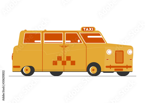 Cartoon taxi. Simplified retro London cab. Side view. Flat vector.