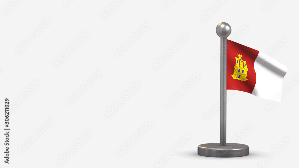 Castilla La Mancha 3D waving flag illustration on tiny flagpole. Castilla La Mancha 3D waving flag illustration on tiny flagpole.