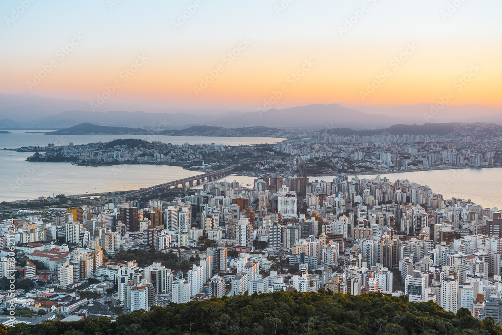 Sunset view of downtown at Florianopolis city in Brazil