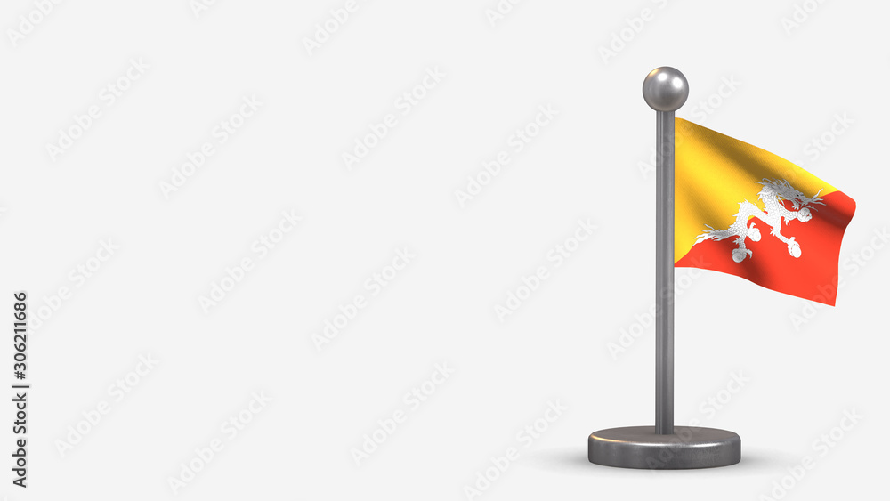 Bhutan 3D waving flag illustration on tiny flagpole. Bhutan 3D waving flag illustration on tiny flagpole.