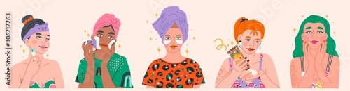 Beauty routine. Beautiful young ladies. Various spa procedures. Face care concept. Cleansing, moisturizing, treating. Hand drawn vector set. Trendy illustration. All elements are isolated