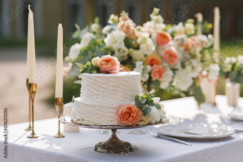 Wedding decoration table in the garden, floral arrangement, In the style vintage on outdoor.  Wedding cake with flowers. Decorated table with flowers, served for two people. Fine art background.