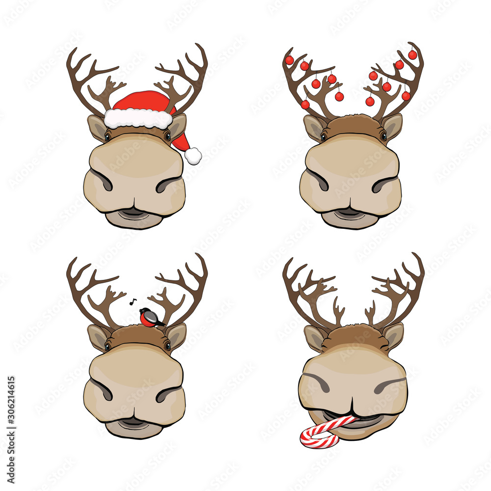 set of four cheerful reindeer faces with different Christmas symbols:christmas hat, christmas balls, bullfinch, christmas candy set of four cheerful reindeer faces with different Christmas symbols:christmas hat, christmas balls, bullfinch, christmas candy