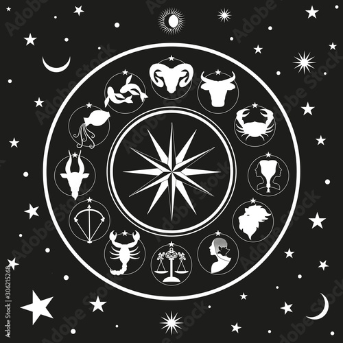 Zodiac wheel on starry sky, sun, moon and stars