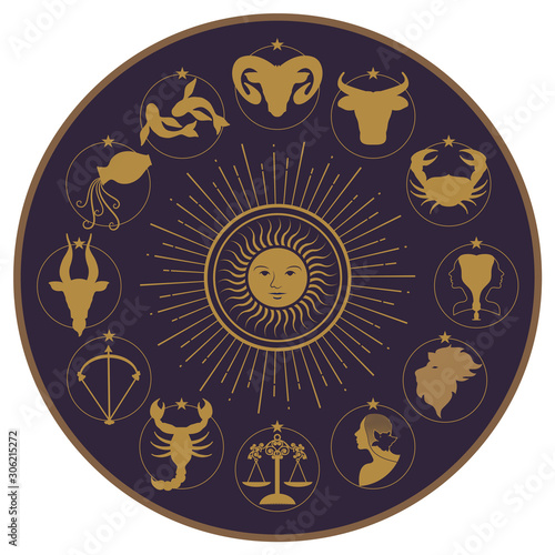 Zodiac wheel on starry sky, sun, moon and stars