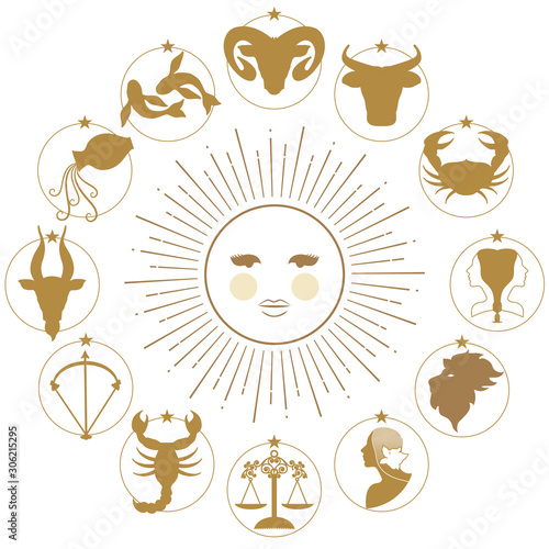 Zodiac wheel on starry sky, sun, moon and stars