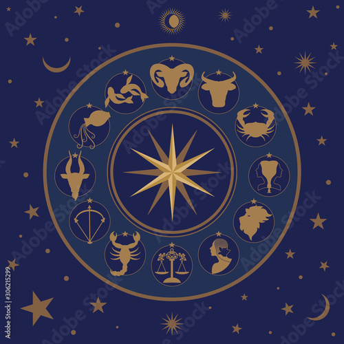Zodiac wheel on starry sky, sun, moon and stars