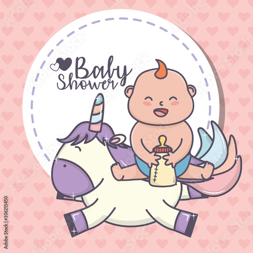baby shower little girl with bottle milk and cute unicorn