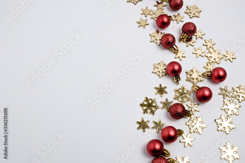 Christmas winter composition. Red balls with snowflake on white background. Top view  flat lay 