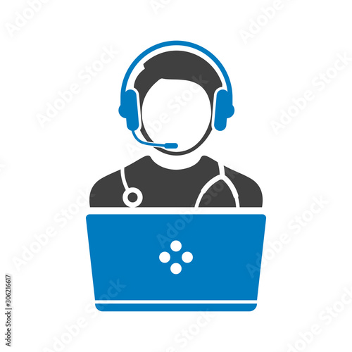 Doctor Icon Vector, Person Avatar Symbol With Laptop and Wearing Headset for On-line Consultation for Advice and Support Service for Patient illustration