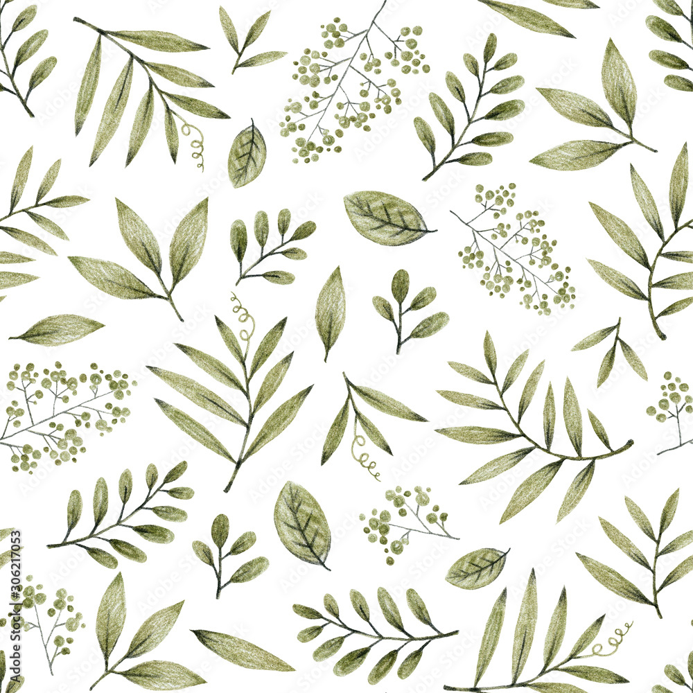green and gray leaves branches and flowers, freehand drawing in pencil illustration, seamless pattern