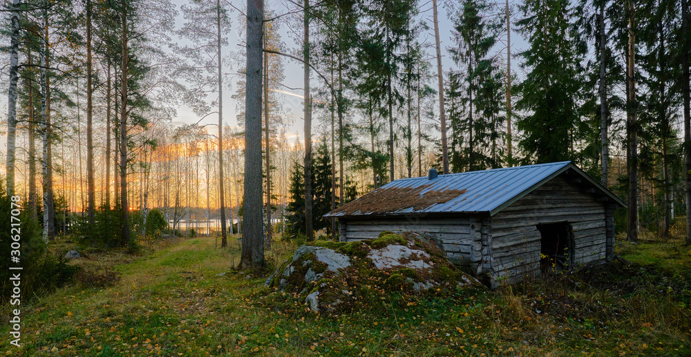 wooden shed in the middle of forest, incredible sunset