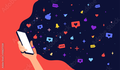 Modern flat character. Hand of woman holds phone with cloud universe