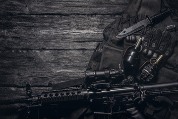 Military equipment or special agent gear concept flat lay background with copy space.