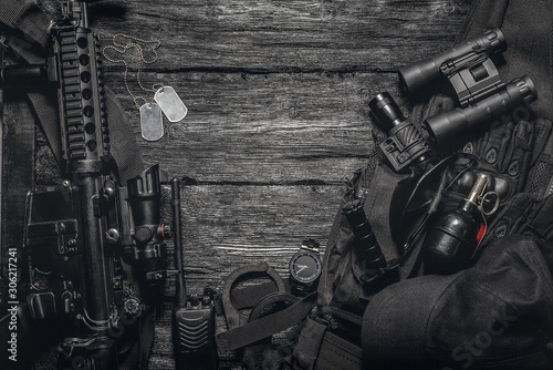 Military equipment or special agent gear concept flat lay background with copy space.