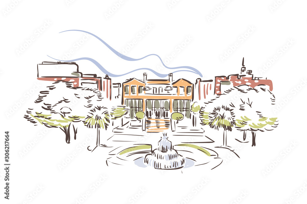 Obraz premium Charleston, South Carolina, usa, ameryka, wektor, szkic, miasto, ilustracja, linia, art