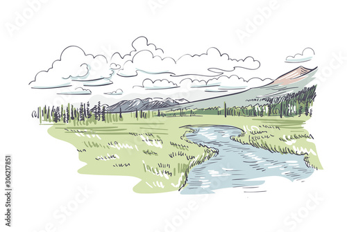 Denali national park vector sketch illustration usa nature
