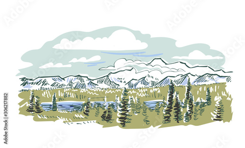 Denali national park vector sketch illustration usa nature