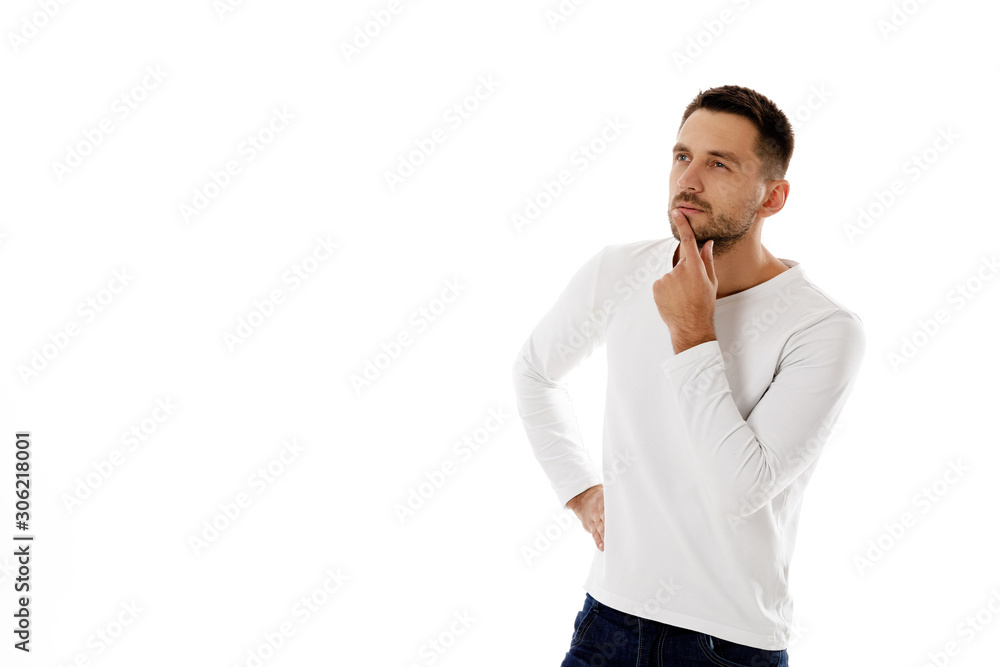 portrait of doubtful bearded man in casual white shirt asking questions isolated on white background. copy space portrait of doubtful bearded man in casual white shirt asking questions isolated on white background. copy space