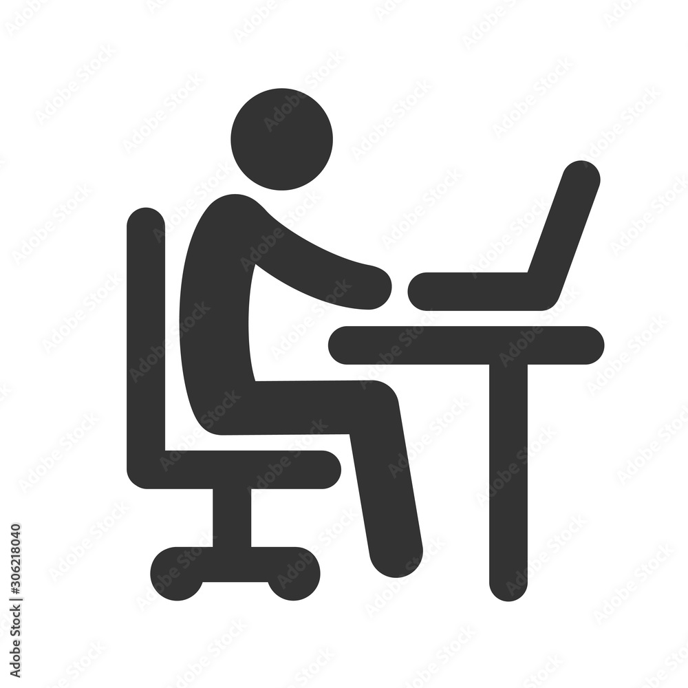 Computer work. Black icon of office worker in flat style is isolated on white background. Vector illustration Computer work. Black icon of office worker in flat style is isolated on white background. Vector illustration