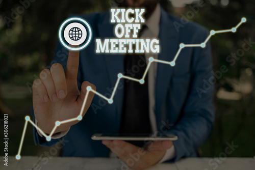 Conceptual hand writing showing Kick Off Meeting. Concept meaning getting fired from your team private talking about company