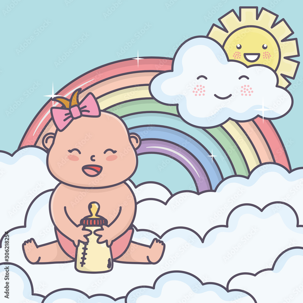 baby shower little girl with bottle in clouds sun rainbow baby shower little girl with bottle in clouds sun rainbow