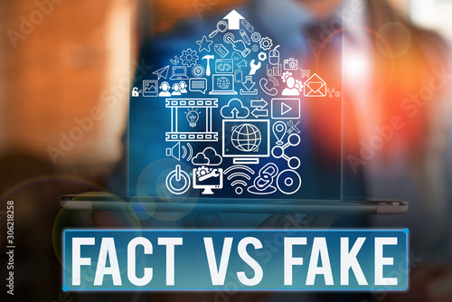 Word writing text Fact Vs Fake. Business photo showcasing Rivalry or products or information originaly made or imitation