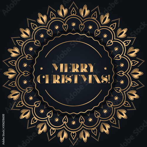 Merry christmas greeting illustration. Gold floral ornament on black background.