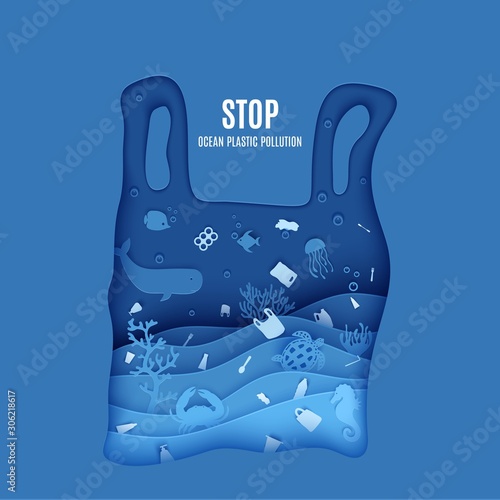 Stop ocean plastic pollution poster in paper cut style. Plastic bag silhouette carved from cardboard whith marine life and single used plastic spoons, fork bottle, tube toothbrush. Vector eco concept