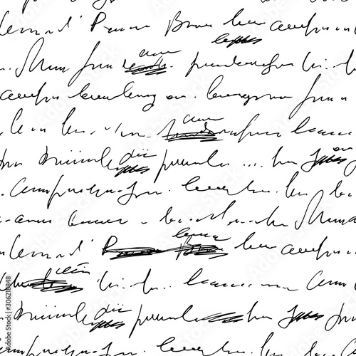 Handwritten abstract text with mistakes and misprints seamless pattern, vector monochrome script background, scribbles and blots in another group