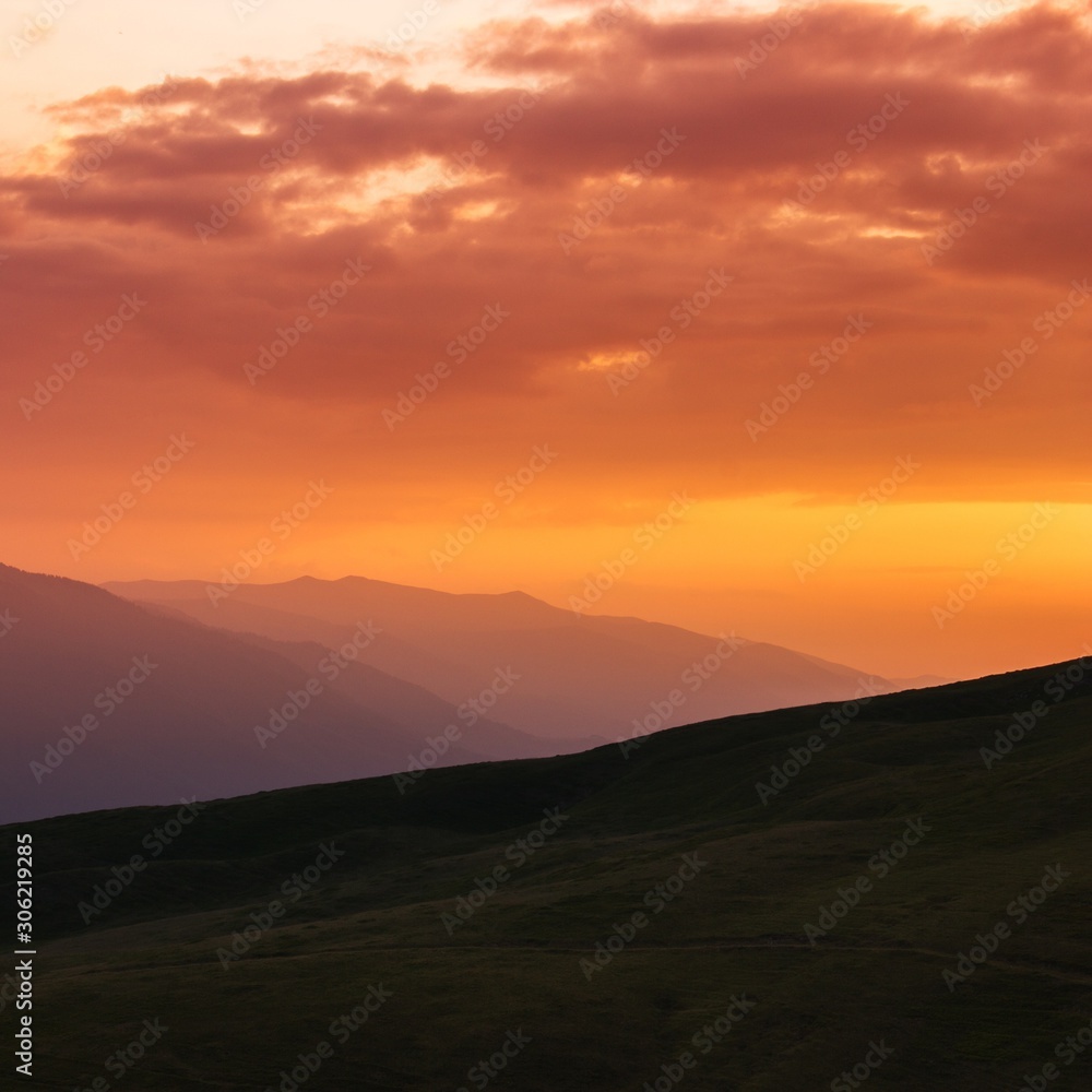 fabulous european summer dawn image, magic sunrise scenery, green hill on background amazing sky, colorful summer morning landscape in the mountains, Carpathians, Europe
