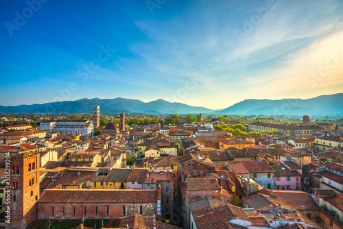 Lucca panoramic aerial view of city and San Martino Cathedral. Tuscany, Italy photo