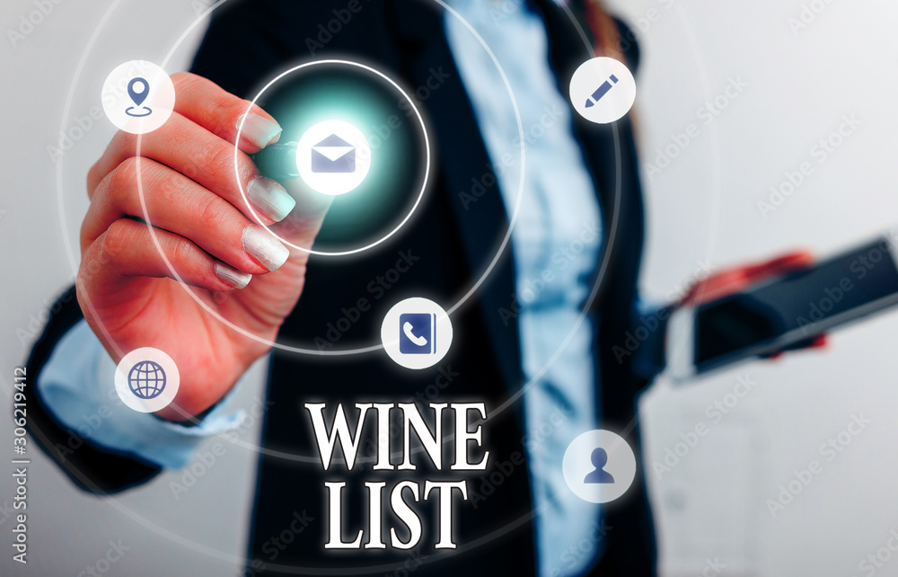 Text sign showing Wine List. Business photo showcasing menu of wine selections for purchase typically in a restaurant Text sign showing Wine List. Business photo showcasing menu of wine selections for purchase typically in a restaurant