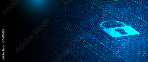 internet digital security technology concept for business background. Lock on circuit board